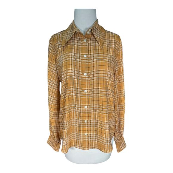 Halogen x Atlantic-Pacific Mustard Plaid Button-Down Blouse Women’s Size M NWOT - Picture 5 of 10